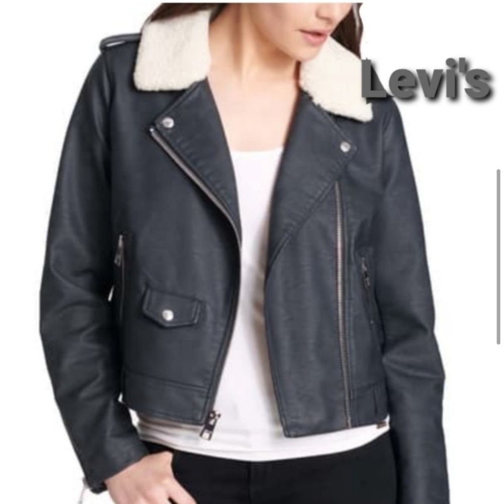 Levi's Sherpa Trim Aviator Faux Leather Biker Moto Jacket Navy Size Women's NWOT